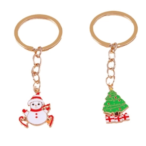 Christmas snowman and tree keychain set in gold metal with colorful enamel finish