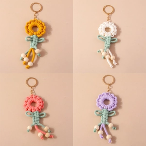 Handmade Woven Sunflower Keychain For Women Macrame Flower Bag Charm With Wood Beads Alloy Key Ring Boho Style Accessory