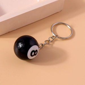 Porte-clés boule de billard n°8 créatif en résine polie avec chaîne en métal argenté