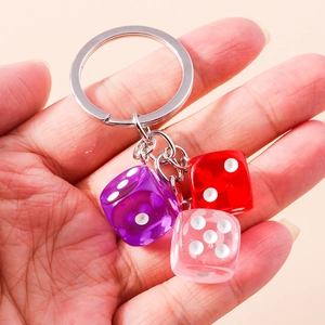 Colorful translucent acrylic dice keychain with silver metal ring and chain