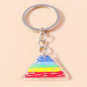 Macro dettagliata di un motivo arcobaleno su un portachiavi in acrilico con anello metallo