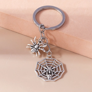 Macro shot of vintage silver spider and cobweb skull pendant key chain details
