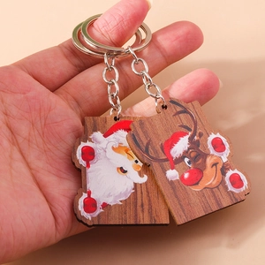 Weihnachten Holz Schlüsselanhänger Set Süß Cartoon Weihnachtsmann Rentier Anhänger Schlüsselring Geschenk Damen Kinder