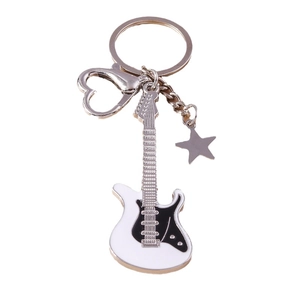 Cartoon electric guitar keychain with heart carabiner and star charm pendant in silver