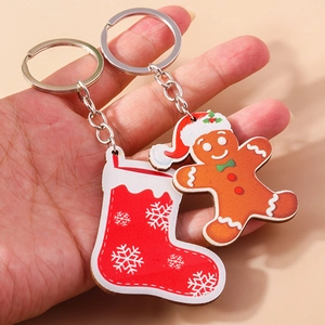 Cute Christmas Gingerbread Man And Snowflake Socks Keychain Acrylic Cartoon Xmas Pendant Hanging Decor For Party Holiday Gift