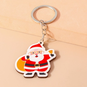 Porte-clés de Noël en bois avec Père Noël coloré et anneau métallique en argent brillant