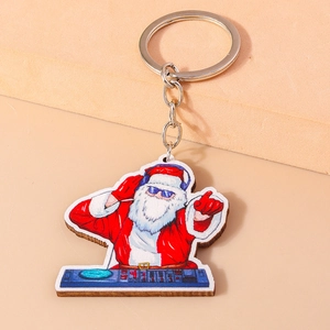 Cool DJ Santa Claus wooden keychain with sunglasses and silver polished metal ring