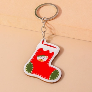 Porte-clés de Noël en bois forme chaussette avec ours mignon et tons rouges