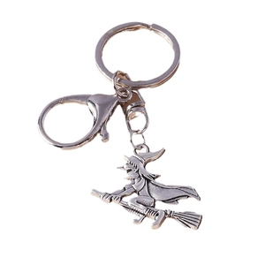 Antique silver witch on broom keychain pendant with lobster clasp and ring for Halloween