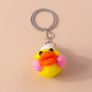 Handmade yellow duck felt keychain with orange beak and silver metal ring for keys