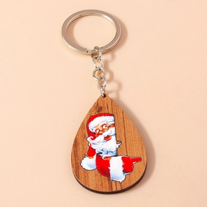 Illustrazione di Babbo Natale su portachiavi in legno a goccia con anello in metallo