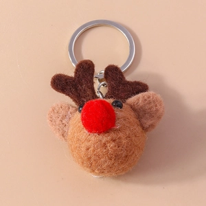 Handmade wool felt reindeer keychain with red nose and silver metal ring accessory