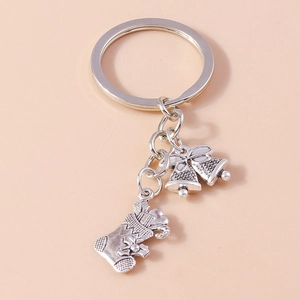 Vintage silver Christmas keychain with festive double bell and gift stocking charms