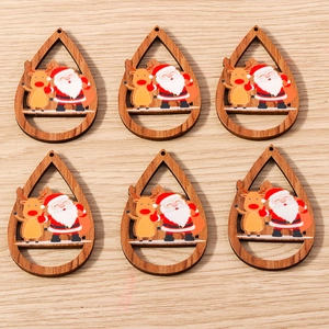 Set de 6 colgantes navideños de madera en forma de gota con Papá Noel y renos