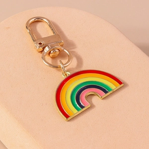 Detailed close-up of a vibrant rainbow metal keychain with gold-tone spring clip