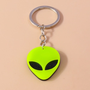 Punk style alien head keychain in neon green acrylic with silver metal ring and black eyes