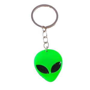 Neon green alien head keychain with glitter black eyes and silver metal ring