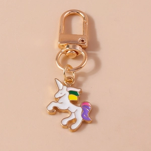Cartoon unicorn keychain with colorful rainbow mane and golden lobster clasp pendant