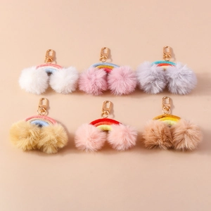 Handmade Woven Rainbow Keychain With Faux Fur Pom Poms Cute Boho Bag Charm Alloy Lobster Clasp Decoration Women Kids Gift