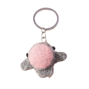 Handmade wool felt animal keychain with pink face and grey body on a silver metal ring