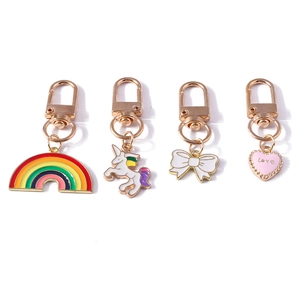Cartoon rainbow unicorn heart and bow keychain set with rose gold metal lobster clasps