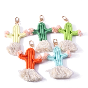 Colorful woven cactus keychains with tassels and pom-poms in five vibrant style options