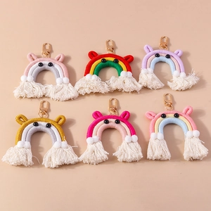 Handmade Woven Rainbow Keychain With Tassel And Fur Ball Cute Bear Ears Cotton Rope Bag Charm For Women Girls Accessory