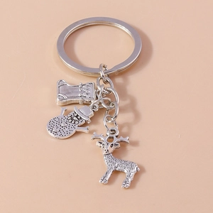 Detail of silver alloy Christmas keychain with snowman reindeer and stocking charms