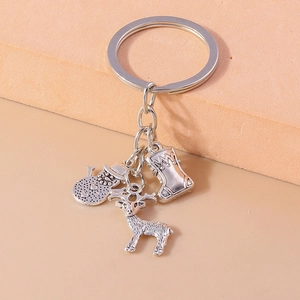 Detailed view of silver Christmas keychain with snowman reindeer and stocking charms