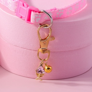 Pink paw print cat collar with gemstone fishbone pendant and golden bell accessory