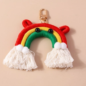 Handmade woven rainbow keychain with colorful tassels and gold lobster clasp