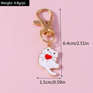 Detailed view of cat keychain with dimensions 6.4cm x 1.5cm and 4.8g weight specs