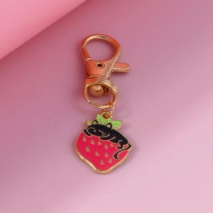 Cute Zinc Alloy Enamel Strawberry Black Cat Pet ID Tag For Cats Dogs Cartoon Animal Fruit Keychain Pendant Accessory