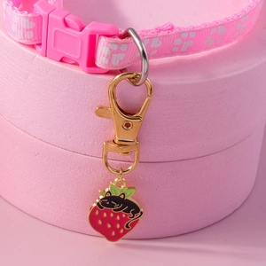 Pink heart print pet collar with a cute strawberry cat enamel pendant and metal clasp
