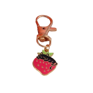 Cute strawberry cat keychain with rose gold lobster clasp and pink enamel fruit pendant