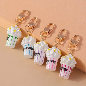 Simulation Popcorn Bucket Keychain Resin Cartoon Cute Food Charm Pendant Accessory With Gold Alloy Lobster Clasp For Women Kids Creative Gift