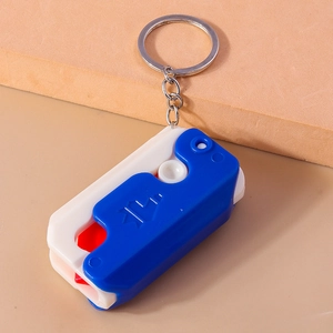 Macro detail of tricolor folding keychain tool with silver ring on neutral background
