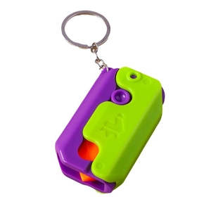 Purple and green 3D gravity fidget toy keychain with durable metal ring on white background