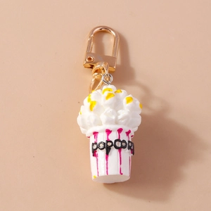 Creative 3D popcorn bucket keychain with red stripes and gold clasp for bags