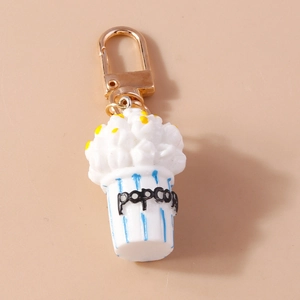 Cute cartoon popcorn keychain with blue striped cup and golden metal clasp for bag decor