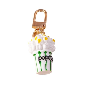 Creative resin popcorn keychain with gold lobster clasp and green striped bucket design