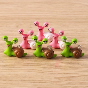 6-piece mini cartoon snail resin pendants in pink and green with metal rings for DIY jewelry