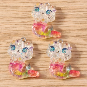 Kleurrijke glitterhars zeemeerminkat-hangers met metalen ringen voor DIY-sieraden maken