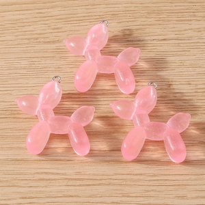 Pink translucent glitter balloon dog charms with metal rings for DIY jewelry making