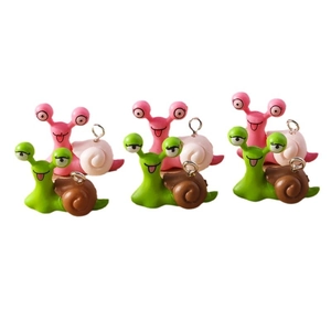 Five pieces of cute 3D snail charms in pink and green resin with metal hanging loops