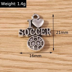 Macro detail of I Love Soccer alloy charms for DIY jewelry making with dimensions