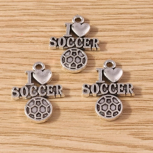Three antique silver soccer ball pendants with I Heart Soccer text for DIY sports jewelry
