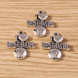 Pack of 10 vintage silver sports charms featuring I Love Baseball text and heart patterns