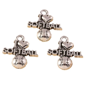 Antique silver sports heart softball charms in alloy for DIY jewelry and crafts