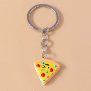 Creative pizza keychain with smiling expression and colorful resin pendant detail